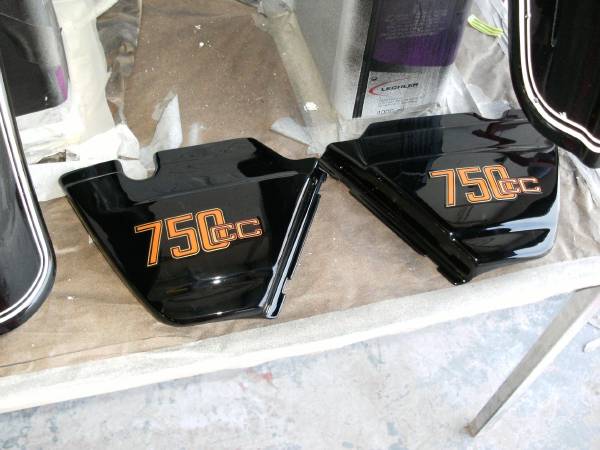 Respray of a BMW 750 with matching motorcycle parts, finished in our low-bake oven.